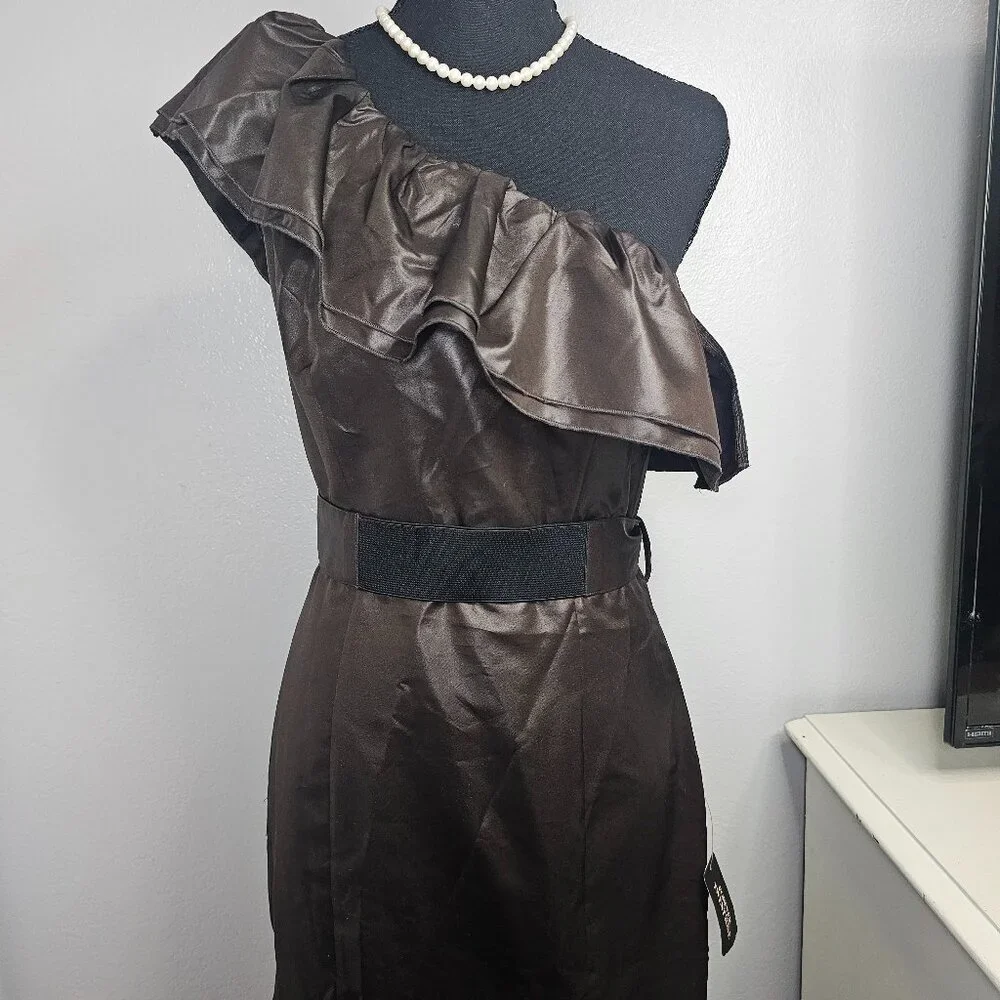 NEW Forever 21 Brown Satin One-Shoulder Leather-Look Dress – Size Medium - Picture 2 of 5